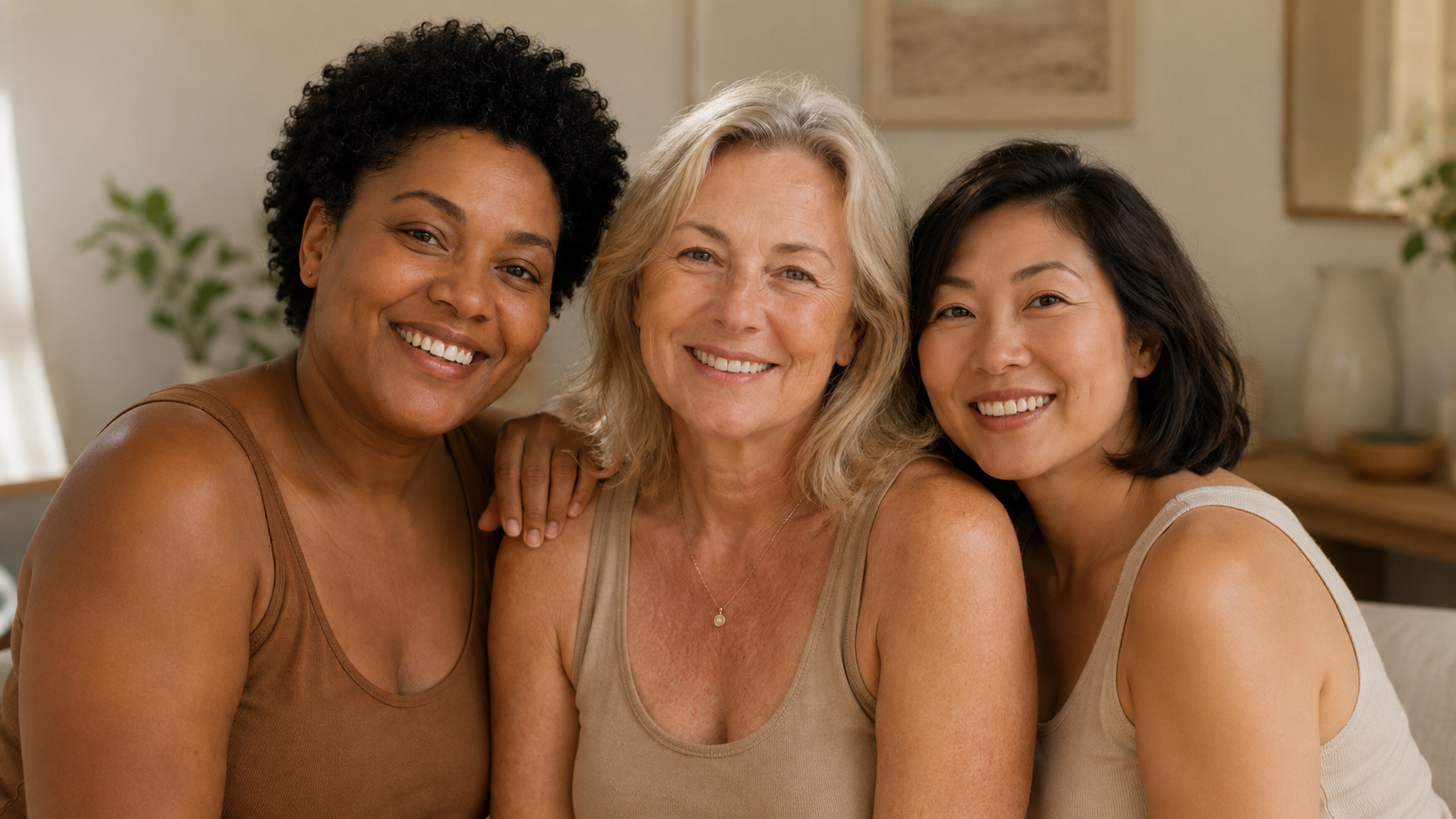 Three confident women over 50 sharing a joyful moment, celebrating healthy aging, friendship, self-care, and the confidence that comes from caring for your skin throughout menopause.