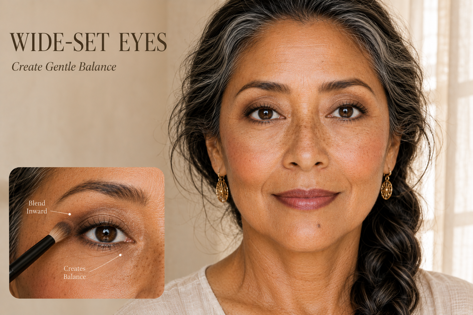 Luxury beauty tutorial for mature wide-set eyes demonstrating soft inward eyeshadow blending to create balanced definition while preserving the eyes' naturally open, elegant appearance.