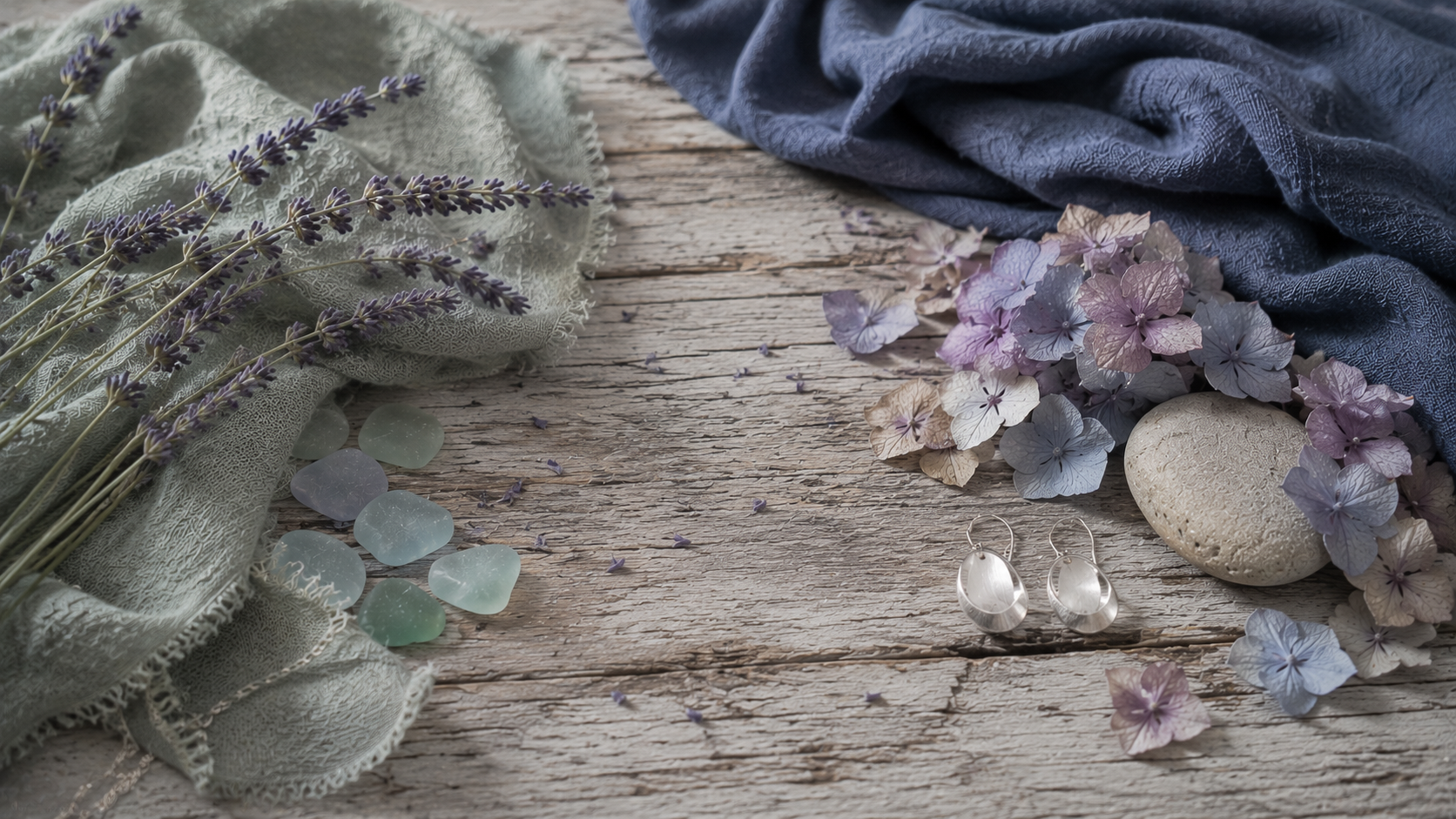 Editorial Soft Summer still life featuring sea glass, lavender stems, faded hydrangea petals, silver earrings, sage linen, navy fabric, and weathered wood in soft morning light.