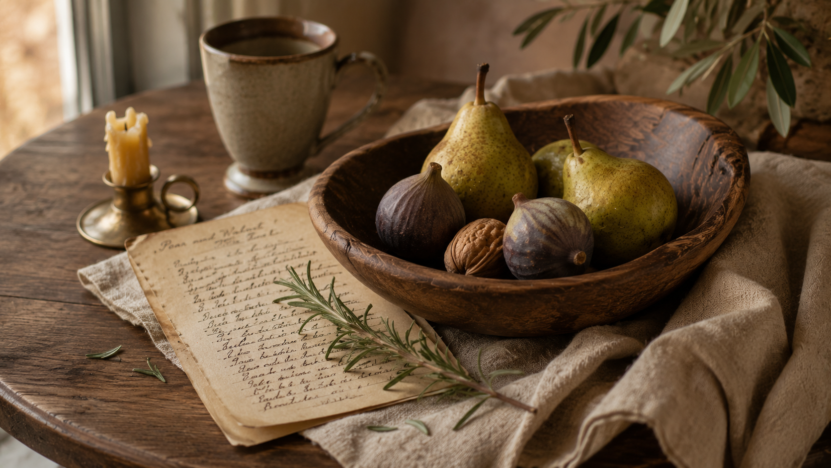 A handcrafted wooden bowl of pears and figs beside a treasured family recipe and fresh rosemary celebrates simple harvest traditions, timeless hospitality, and meaningful autumn gatherings.