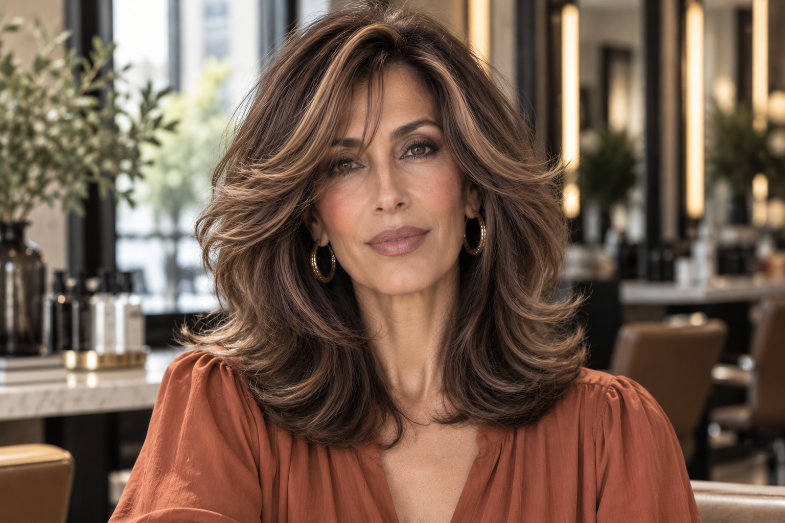 Woman in her late 50s with voluminous 90s supermodel layers, sweeping curtain bangs, and a bouncy blowout. A flattering shoulder-length haircut for oblong faces and women over 50.