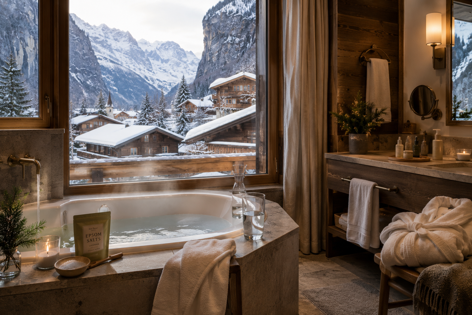 Warm bath overlooking a snowy Swiss alpine village from a cozy chalet hotel bathroom, with Epsom salts, water, soft robes, and travel wellness essentials after a long day of travel.