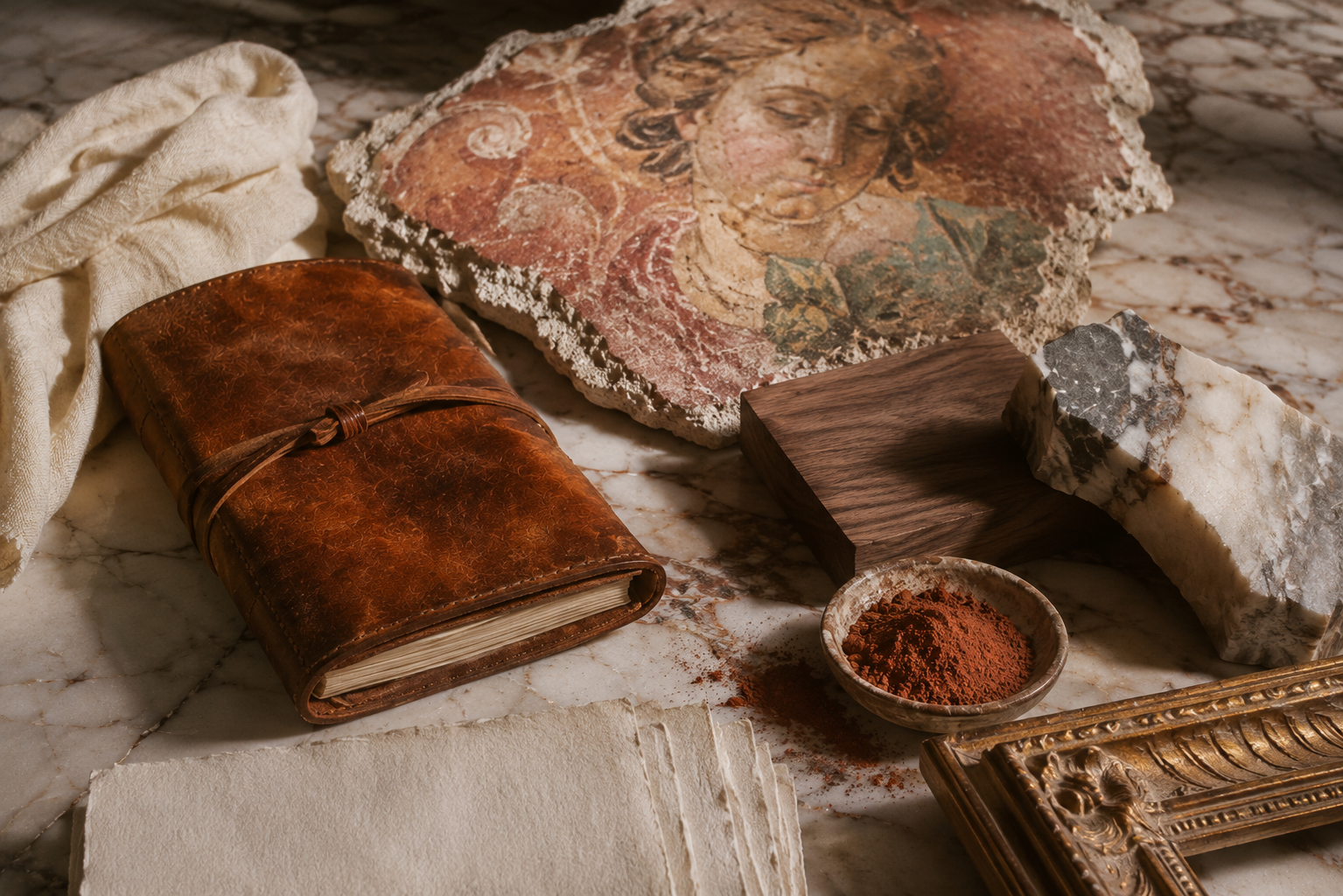 Florence-inspired still life featuring a leather journal, handmade parchment paper, walnut wood, burnt sienna pigment, fresco fragment, marble stone, and gilded frame in soft natural light.