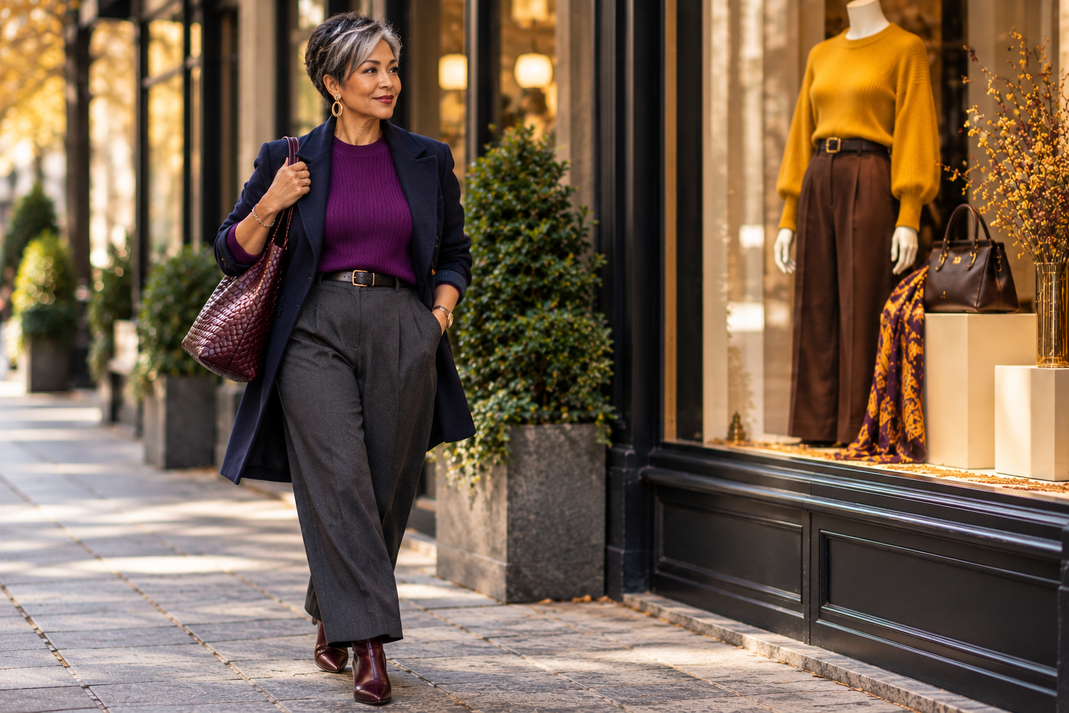 Stylish Asian woman over 50 with a silver-streaked pixie cut wearing a violet sweater, navy jacket, and charcoal trousers beside a boutique window displaying a marigold knit.