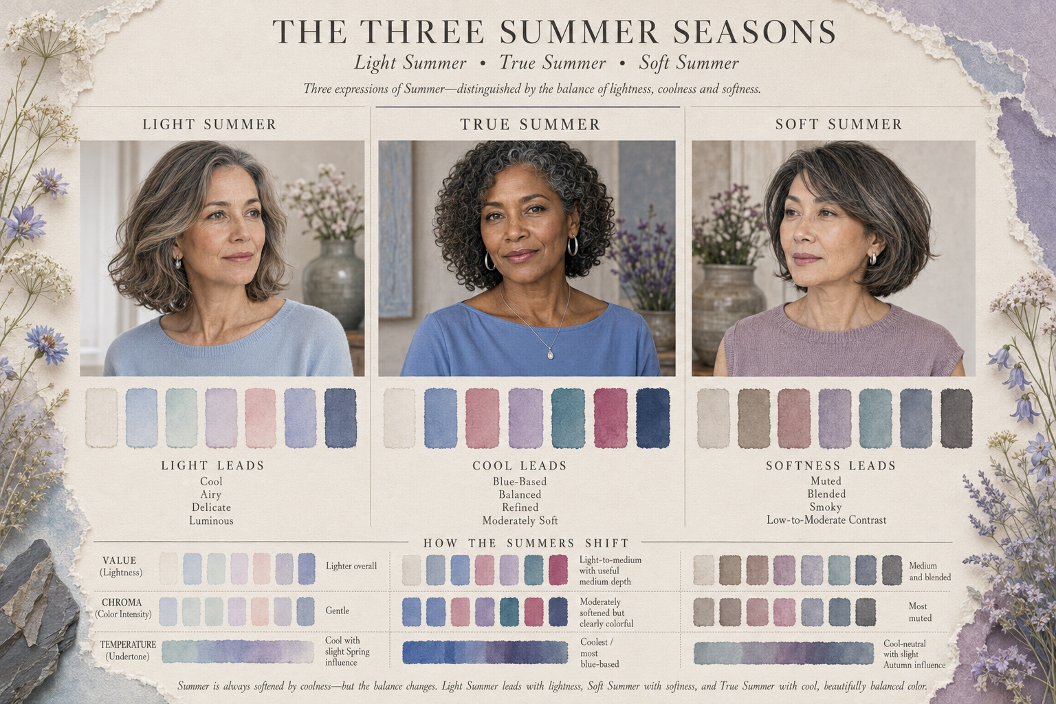 Compare Light Summer, True Summer and Soft Summer palettes by value, chroma and undertone to see how each season balances coolness, softness and color.