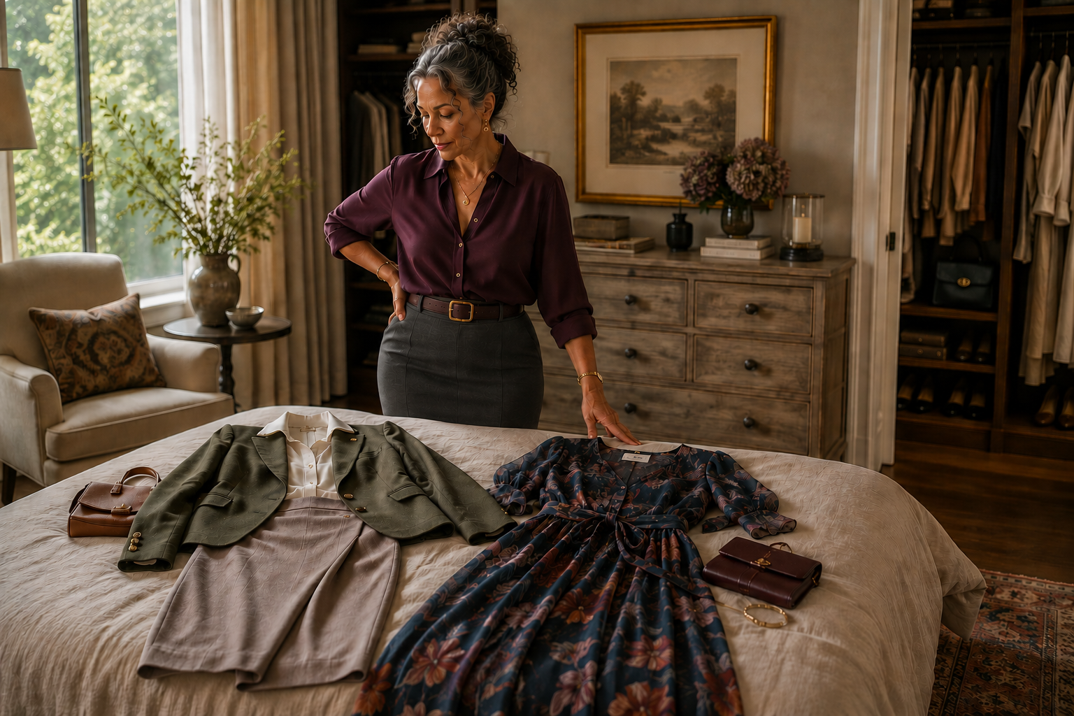 A pear-shaped woman thoughtfully compares two outfits in a serene bedroom, illustrating how balance, proportion, and personal style matter more than body shape alone.
