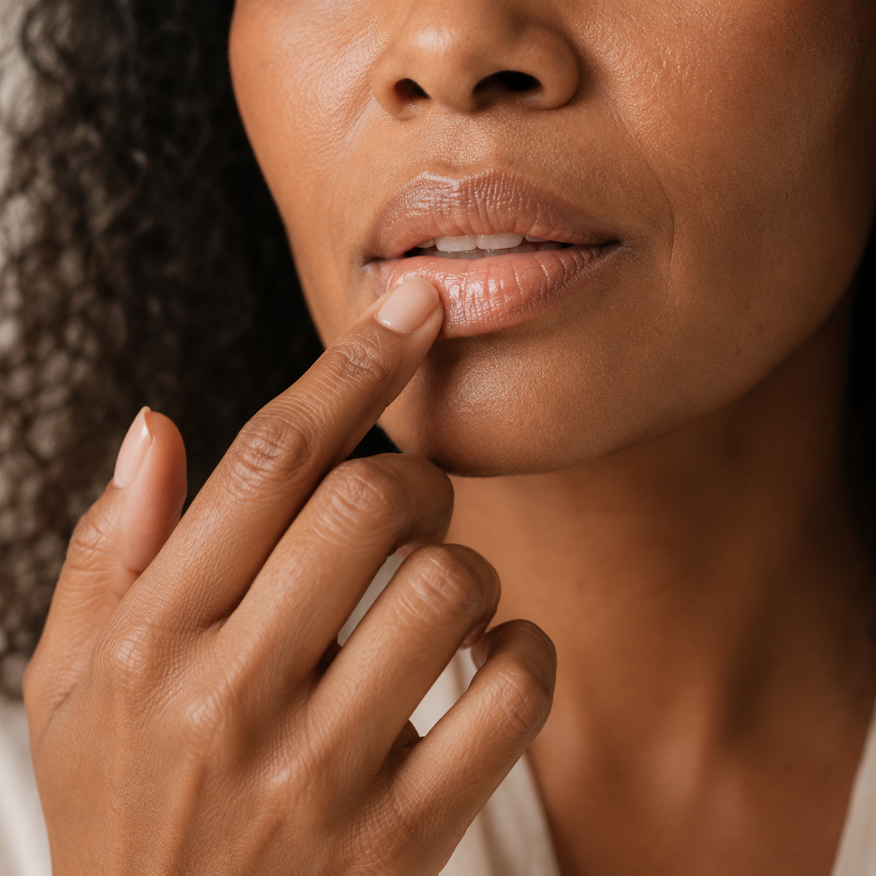 Close-up of a sophisticated Black woman applying lip treatment with her fingertip, highlighting hydration, comfort, and elegant beauty care while traveling.
