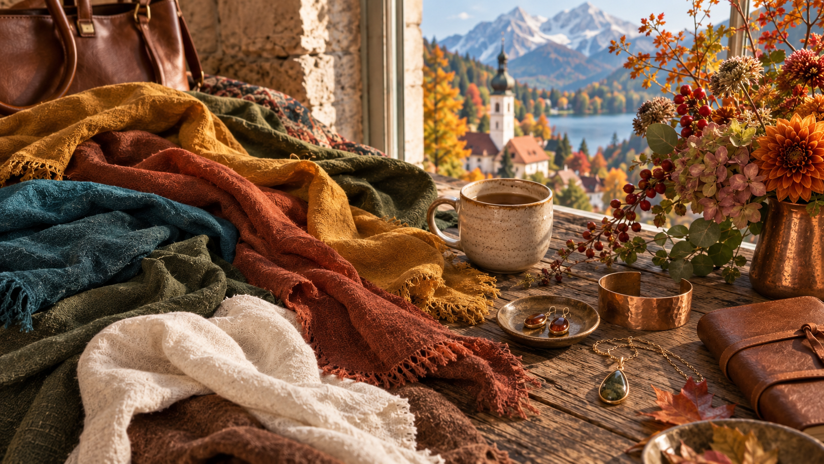 True Autumn colors come alive in warm ivory, mustard, rust, olive, peacock teal and copper, inspired by the rich warmth and earthy color of Bavaria in fall.