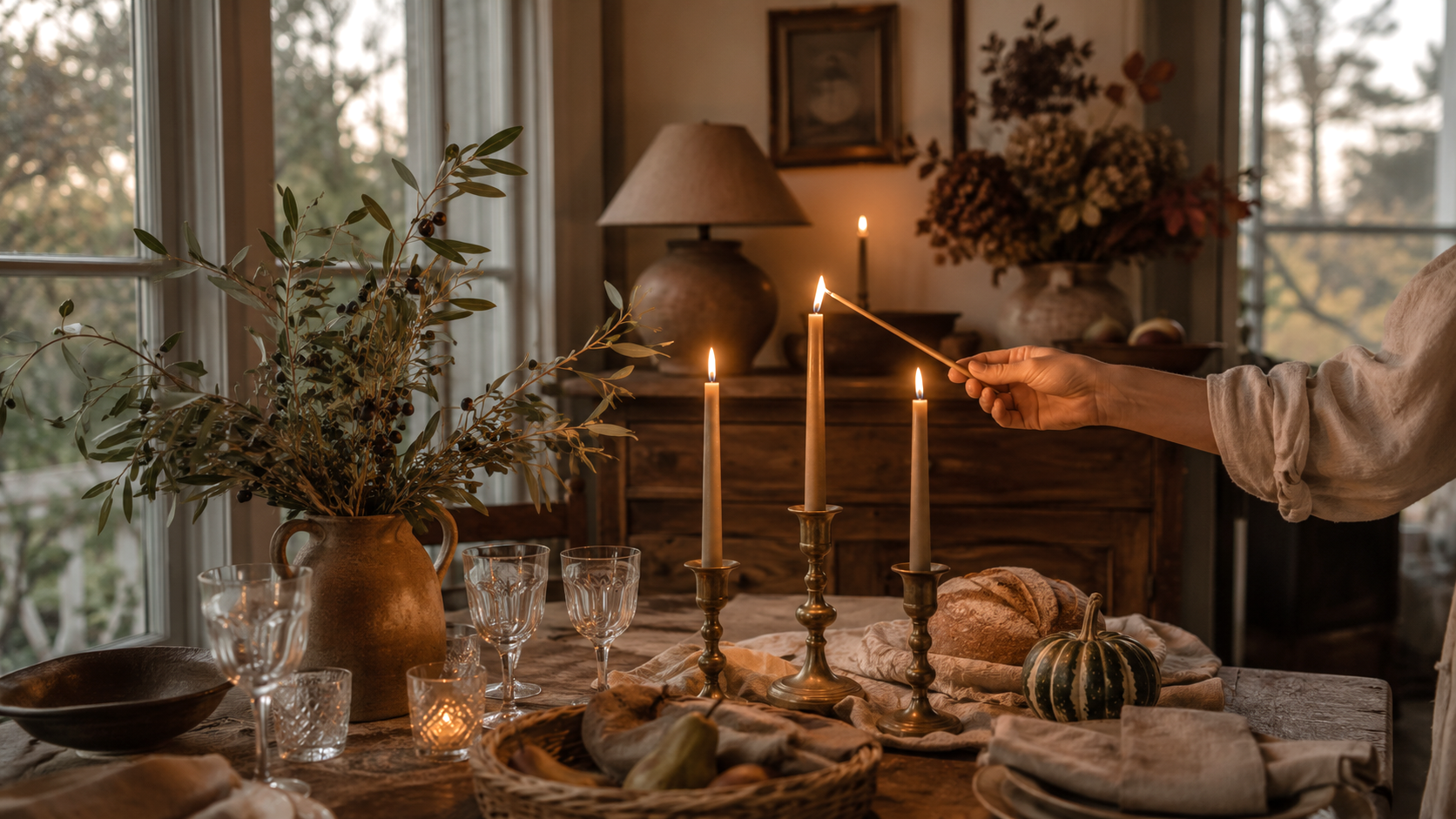 Soft candlelight and fading autumn daylight create a warm, welcoming harvest home where simple seasonal details transform an ordinary room into an inviting place to gather.