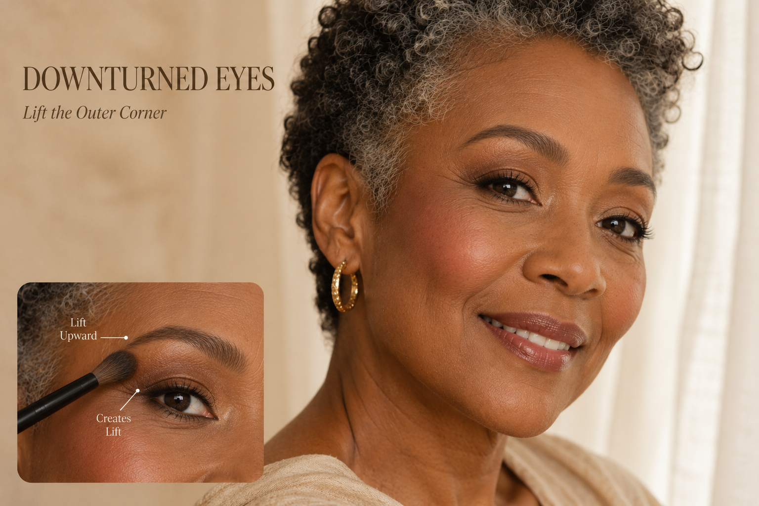 Luxury beauty tutorial for mature downturned eyes demonstrating upward eyeshadow placement to create a soft lifted effect while enhancing natural eye shape with elegant, refined definition.
