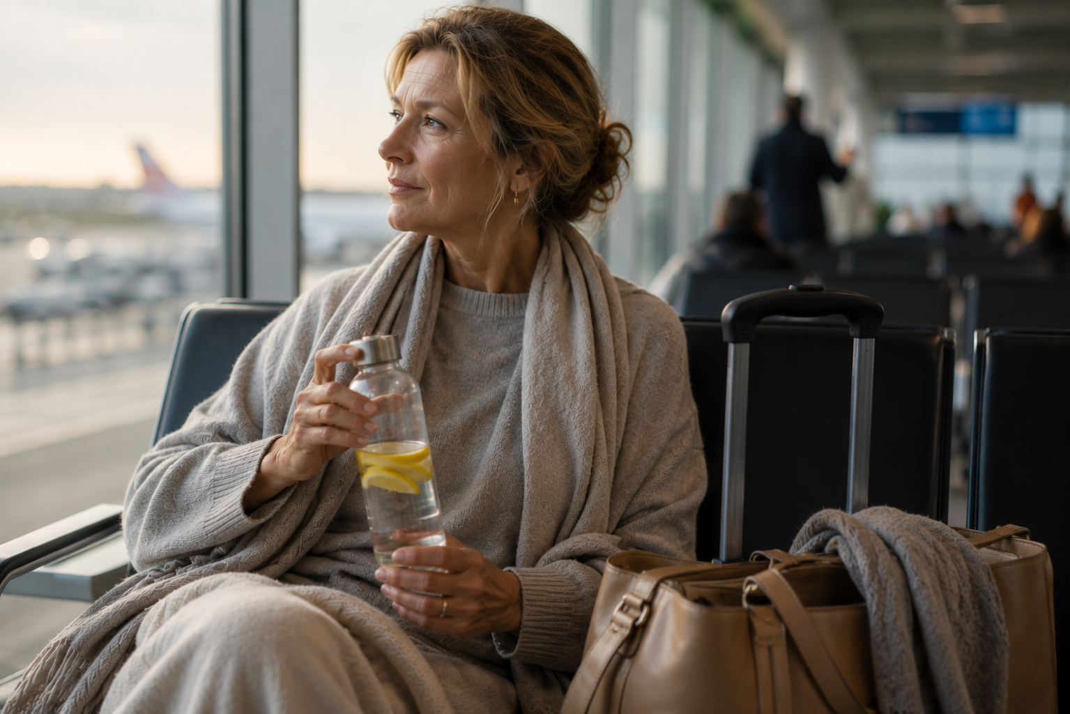 Sophisticated mature woman seated quietly in a softly lit airport terminal holding a lemon water bottle, wrapped in layered neutral travel clothing with carry-on luggage nearby and early morning light reflecting through large terminal windows.