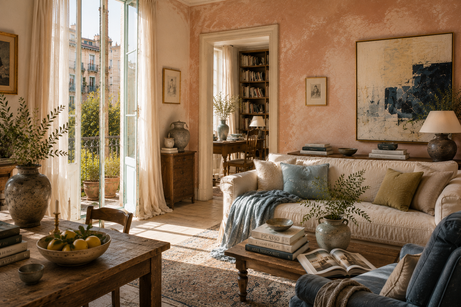 Sunlit European-inspired living room with terracotta plaster walls, pale oak floors, layered linen textures, olive accents, blue textiles, and softly lived-in editorial warmth.