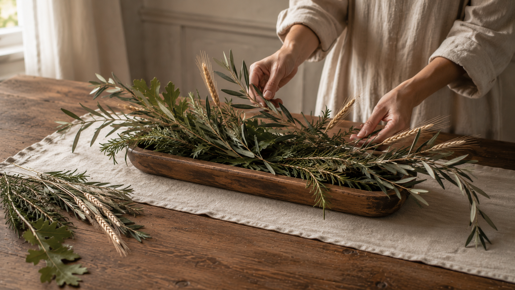 Step 2 of a harvest centerpiece tutorial shows hands layering olive branches, wheat, and herbs into a wooden tray, creating the natural structure for an elegant autumn centerpiece.