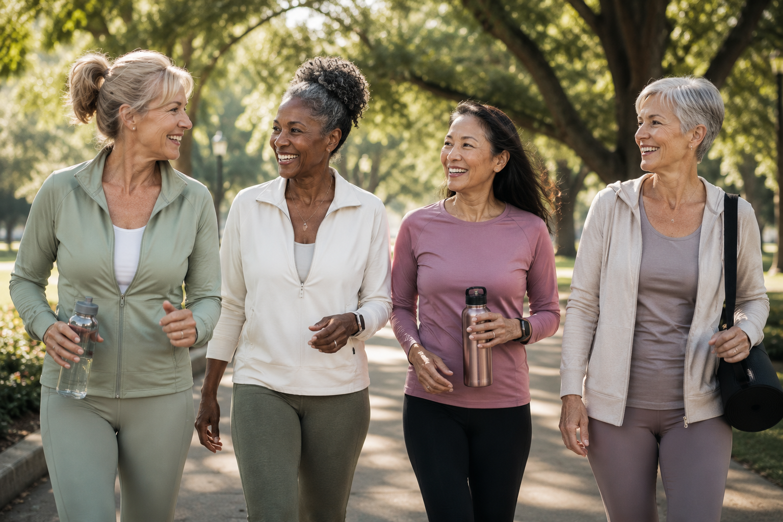 Healthy lifestyle habits for menopausal skin featuring active women ages 50–65 walking in the park with water bottles, highlighting hydration, exercise, friendship, and healthy aging.