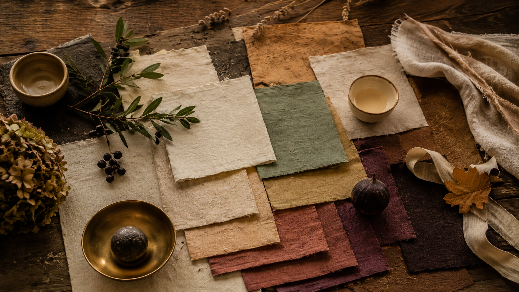 Natural autumn materials including handmade paper, linen, botanicals, figs, and brass create a refined harvest color palette that inspires timeless seasonal decorating and entertaining.
