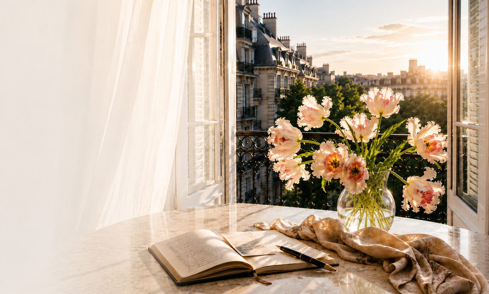 Sunlit European-inspired interior with sculptural blush tulips, an open journal, and soft linen on a marble table beside open French doors overlooking elegant city rooftops at golden hour.