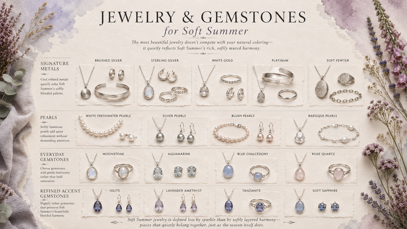Luxury Soft Summer jewelry and gemstone guide featuring cool silver metals, luminous pearls, and softly muted gemstones to help create a timeless, harmonious wardrobe and accessory collection.