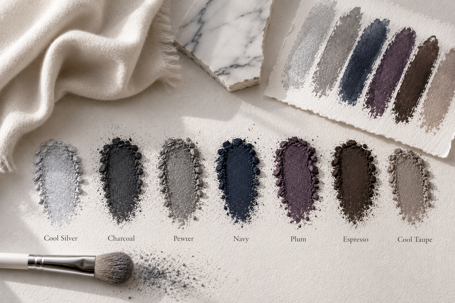 Editorial still life featuring Winter Seasonal Color Analysis eyeshadow swatches in cool silver, charcoal, pewter, navy, plum, espresso, and cool taupe for refined, harmonious makeup.