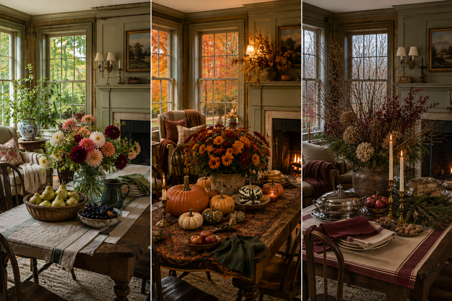 See autumn evolve from September greens to October abundance and November richness in this beautiful seasonal decorating triptych for a warm, welcoming home.