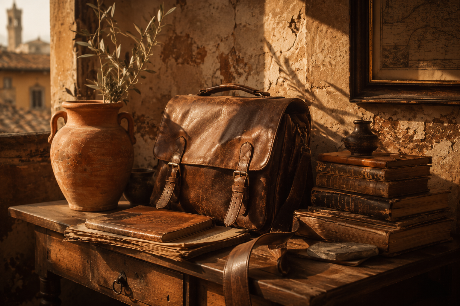 Aged tobacco leather satchel, antique books, terracotta pottery, and weathered plaster walls illuminated by warm afternoon light in a Florence-inspired artisan setting.