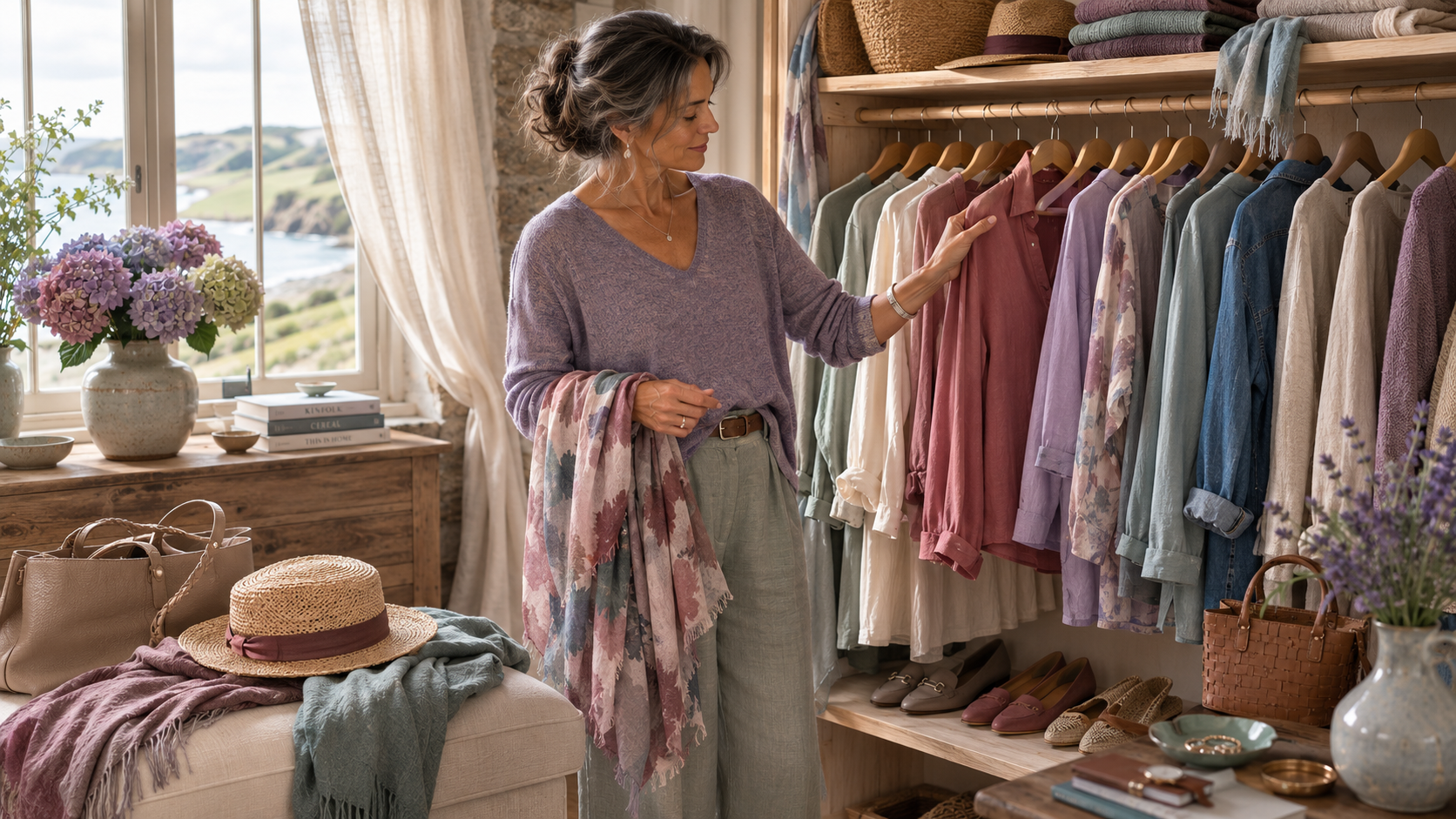 Editorial Soft Summer capsule wardrobe featuring richly muted clothing and accessories in a Cornish cottage, illustrating timeless personal style, harmonious color coordination, and quiet elegance.