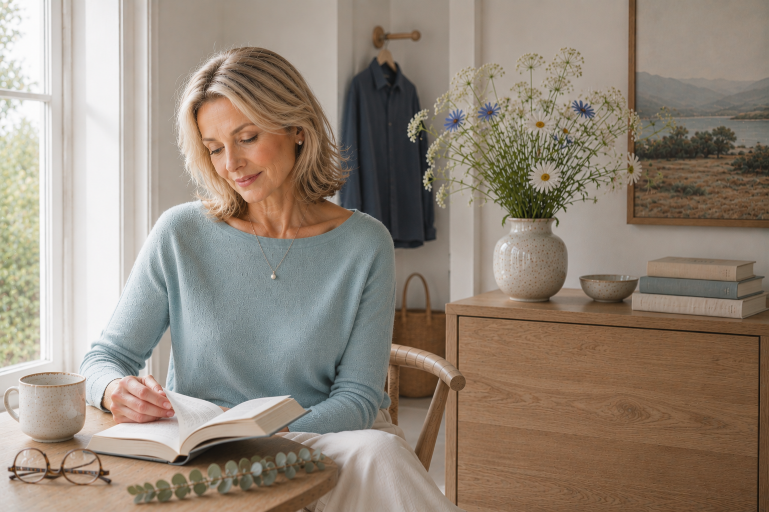 Editorial lifestyle portrait illustrating the Light Summer style philosophy with soft cool colors, effortless elegance, and a peaceful Scandinavian morning that reflects harmony and quiet confidence.