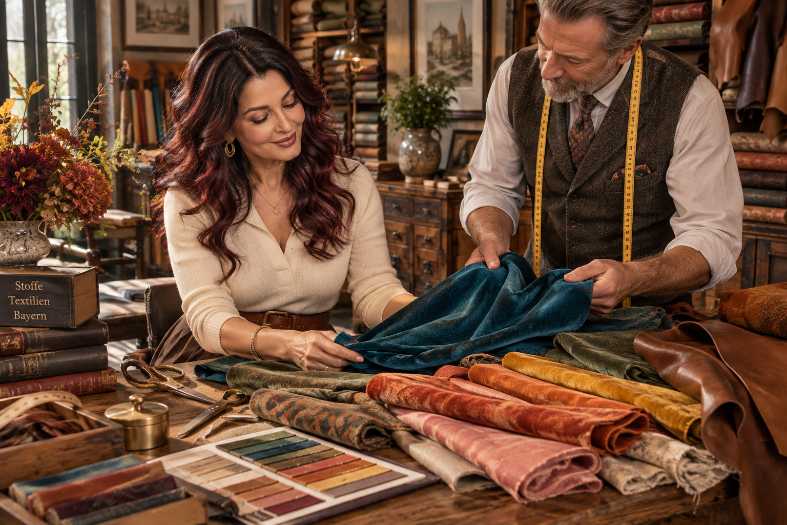 A True Autumn woman explores peacock, viridian, saffron, rust and warm neutrals with a Bavarian textile merchant, revealing the surprising range of the True Autumn color palette.