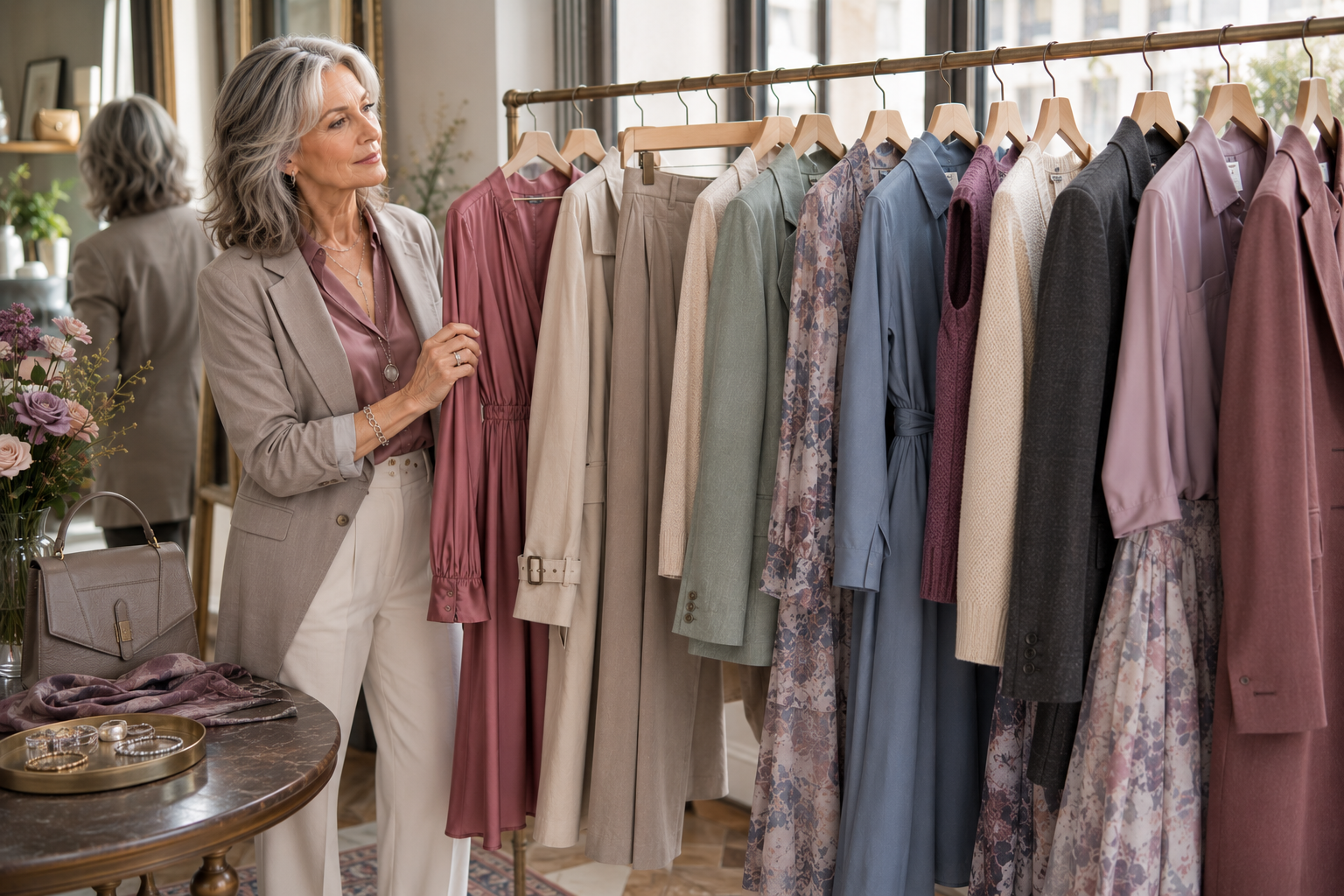 Sophisticated woman with silver hair browses a clothing rack featuring Soft Summer colors including rose pink, sage, mushroom, charcoal, dusty blue, and patterned pieces in an elegant boutique setting.