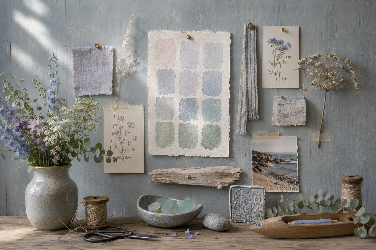 Scandinavian design inspiration wall featuring Light Summer watercolor swatches, botanical studies, driftwood, sea glass, handmade textiles, and natural materials inspired by Midsummer.