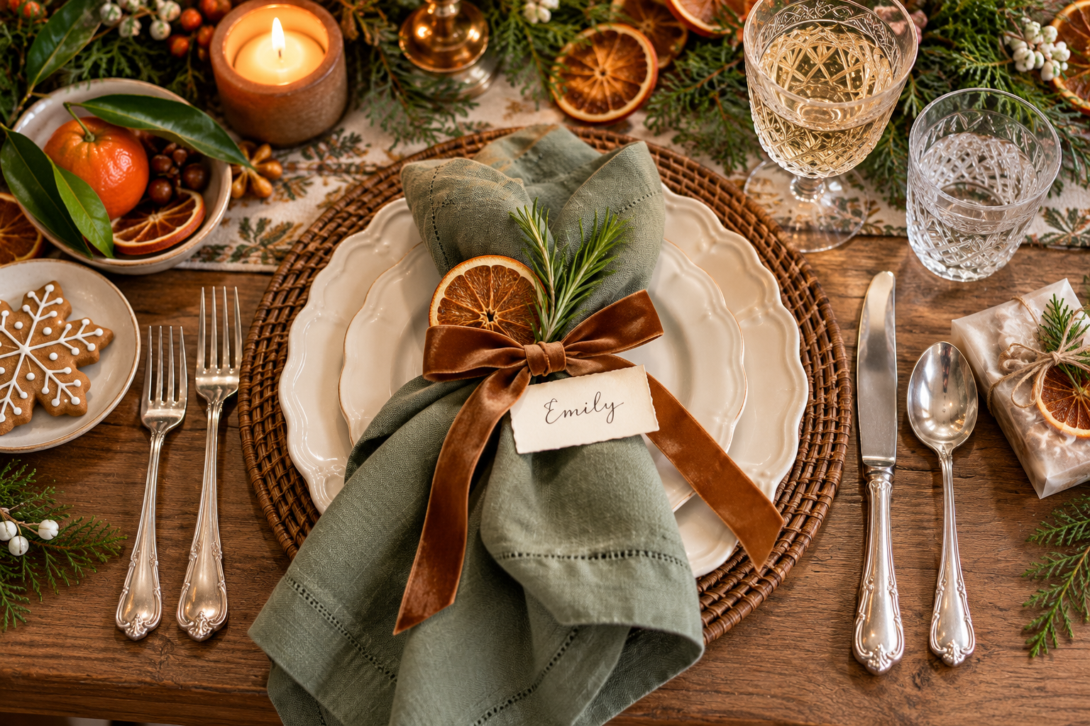 Elegant Christmas place setting with ivory scalloped plates, a sage linen napkin, gingerbread velvet ribbon, handwritten place card, dried orange slices, and a homemade holiday favor.