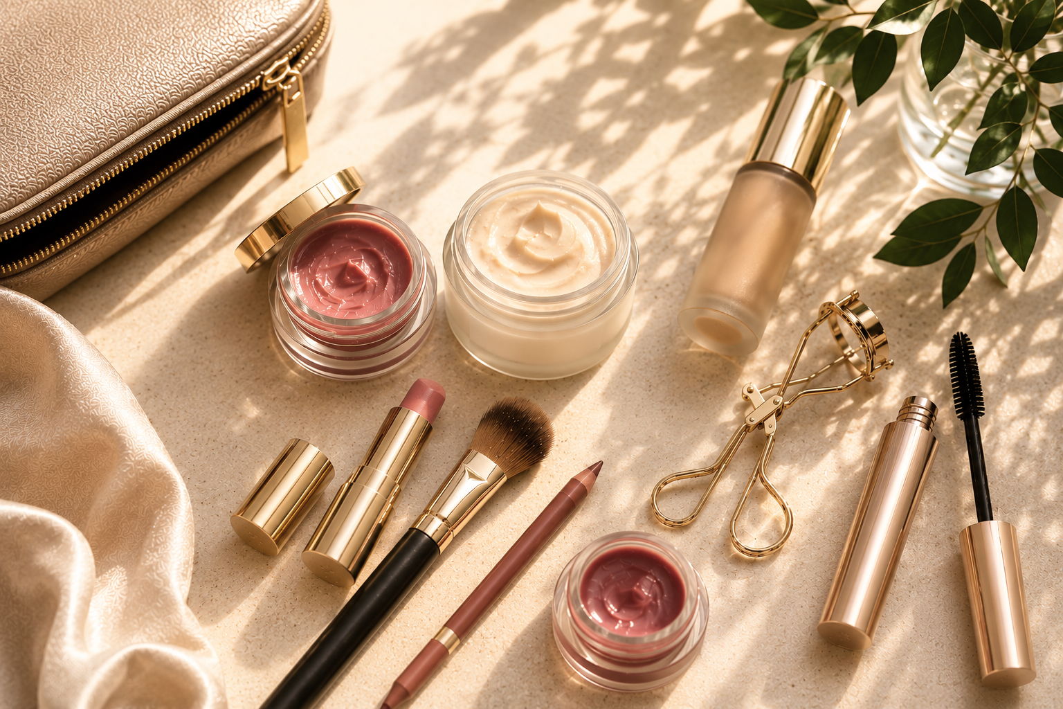 Luxury editorial flatlay of mature beauty essentials for a five-minute makeup routine featuring cream blush, satin foundation, tinted balm, soft powder dust, airy greenery, and refined neutral styling in warm natural light.