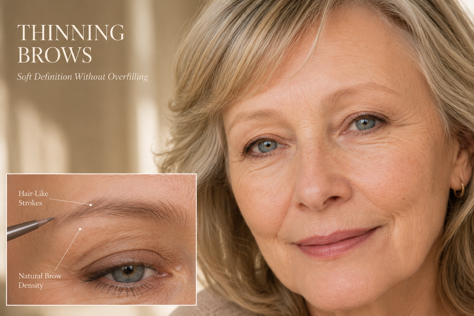 Luxury beauty tutorial for thinning brows featuring a mature woman with naturally sparse eyebrows and a close-up inset demonstrating delicate hair-like pencil strokes for soft, believable definition.
