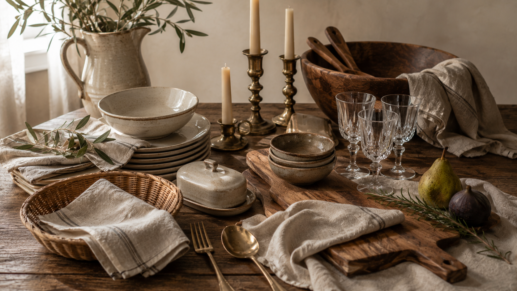 A curated collection of timeless harvest table essentials including linen, handmade stoneware, brass candleholders, wooden serving boards, and artisan pottery styled for elegant autumn entertaining.