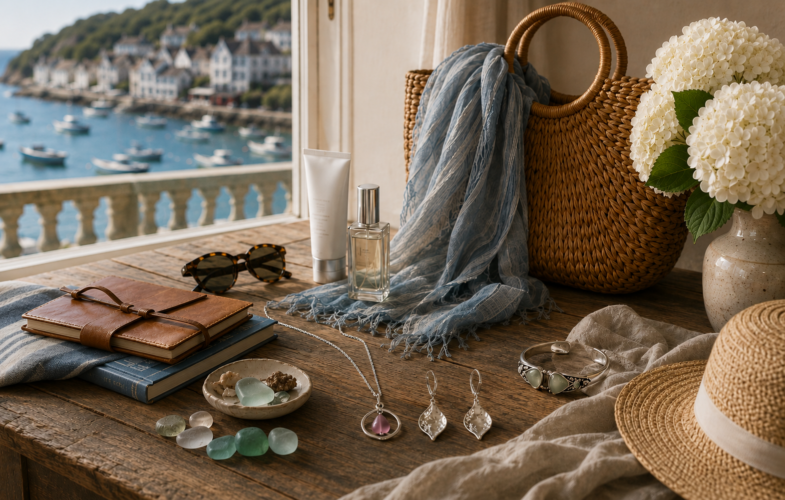 Soft Summer travel accessories arranged in a Cornwall hotel suite, featuring a woven straw bag, sea glass-inspired jewelry, blue scarf, hydrangeas, journal, and harbor views.