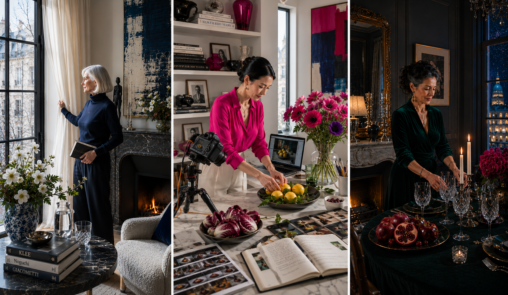 Three editorial Winter interiors portray women enjoying quiet daily rituals in distinctive European homes, expressing True, Bright, and Deep Winter through architecture, jewel tones, and elegant seasonal living.