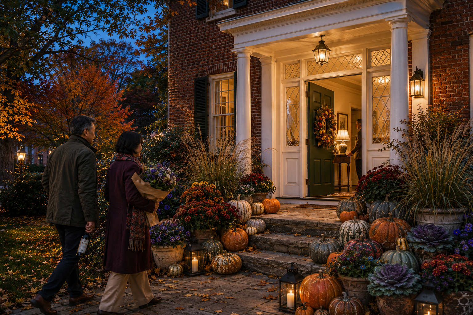 Autumn entertaining begins at the door of a historic East Coast home, with heirloom pumpkins, colorful fall flowers, glowing lanterns and friends arriving for dinner.
