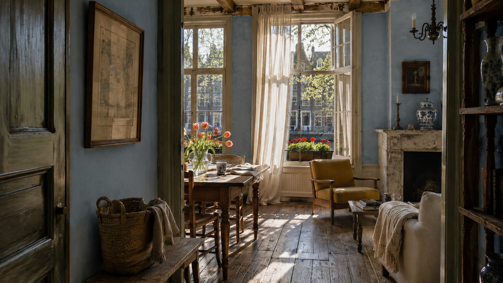 Sunlit Amsterdam canal house interior with dusty blue plaster walls, weathered oak floors, linen curtains, Delft pottery, tulips, and a butter-yellow chair overlooking a spring canal.