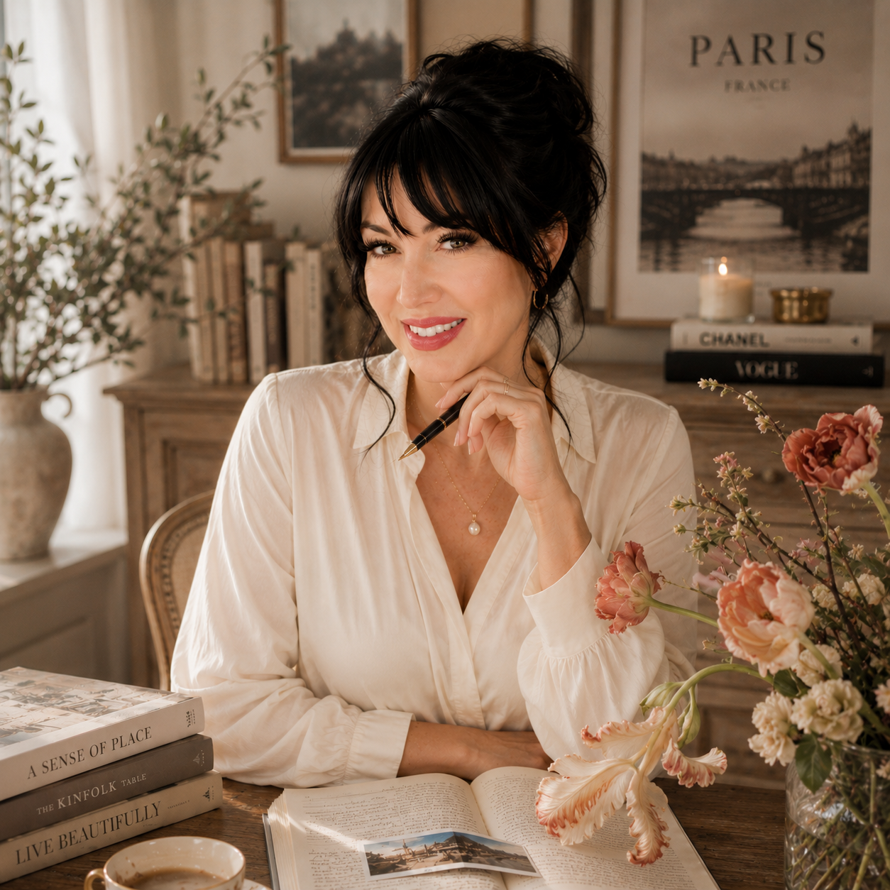 Heather seated at a desk in a softly lit European-inspired interior, holding a pen beside travel books and sculptural market flowers, reflecting thoughtful curation, beauty, travel, and intentional living.