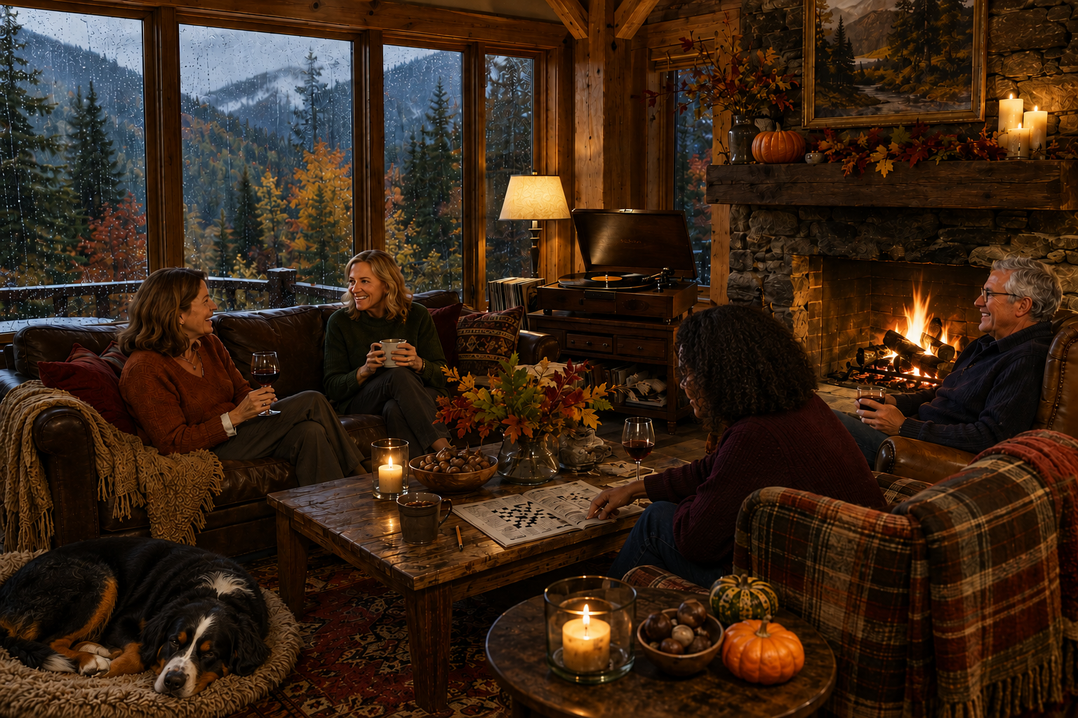Friends gather by the fire in a cozy autumn mountain chalet as rain falls outside, a record plays, candles glow, and a Bernese Mountain Dog sleeps nearby.