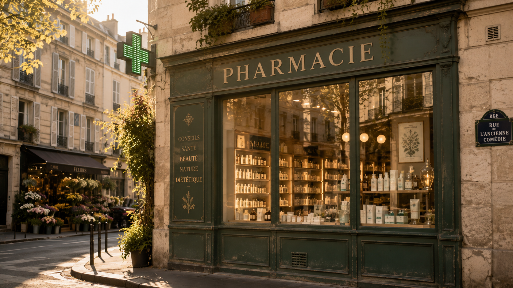 Historic Paris pharmacy glowing in late afternoon light beside a neighborhood flower shop, evoking the pleasure of discovering beautiful skincare and hidden treasures while traveling.
