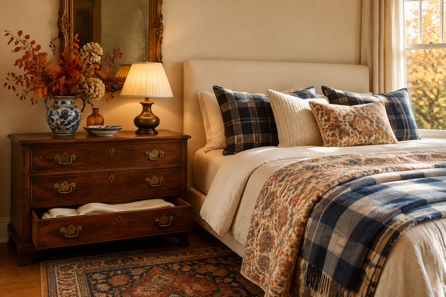A cozy autumn bedroom pairs a modern cream bed with an antique walnut chest, blue transferware, indigo plaid, persimmon florals, ochre accents, and warm layered textiles.