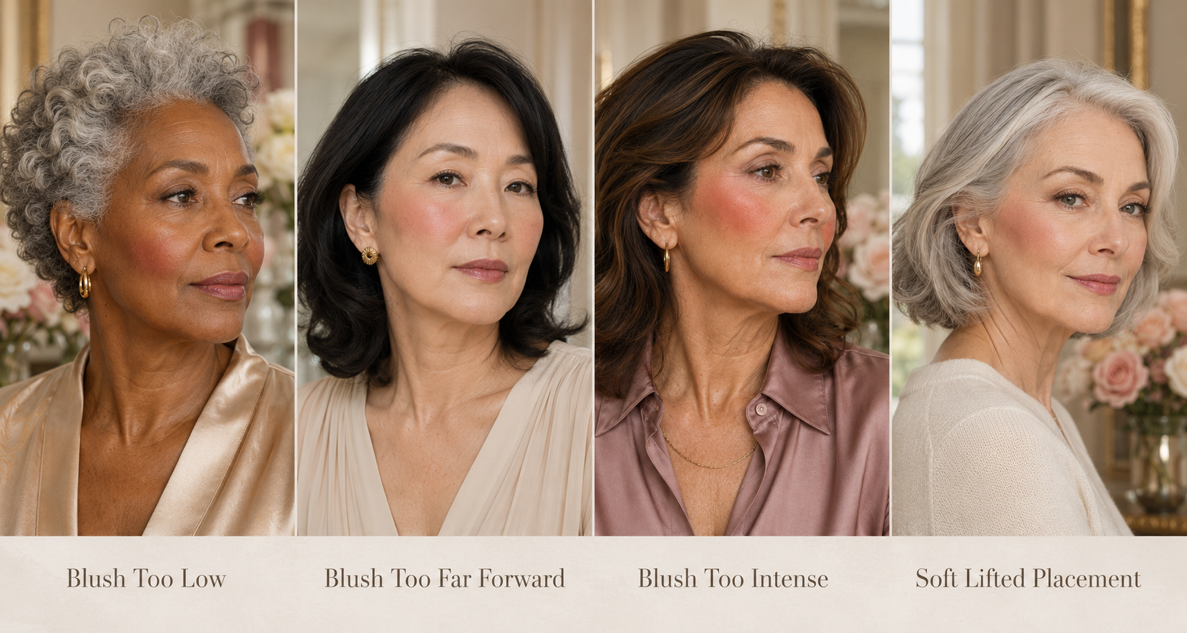 Four women ages 55–75 demonstrate blush placement on mature skin, showing blush too low, too far forward, too intense, and a soft lifted placement in a refined editorial beauty setting.