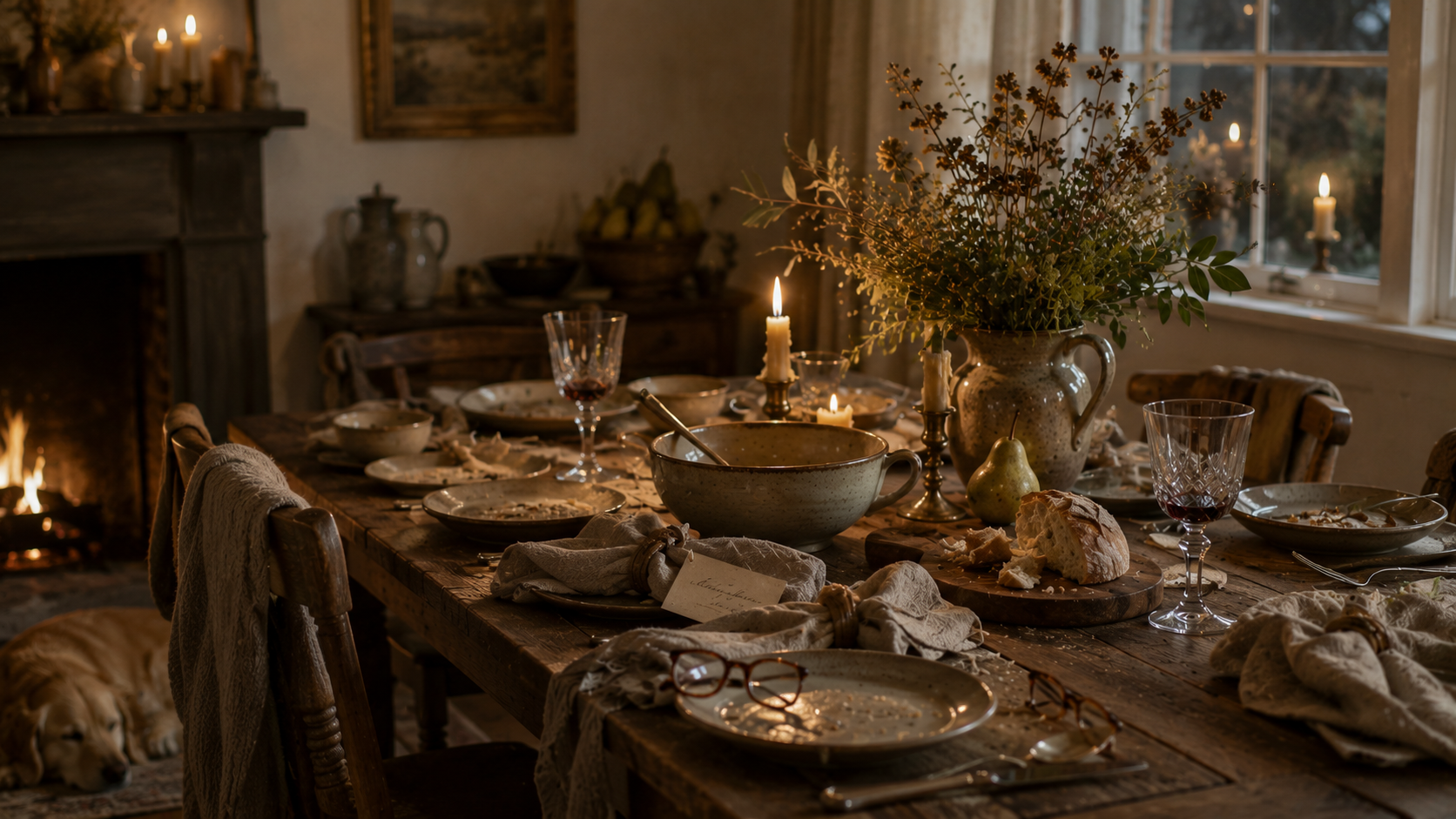 A harvest table after guests have gone home, with candles burned low, artisan bread, folded linen napkins, and quiet traces of a memorable evening shared with family and friends.