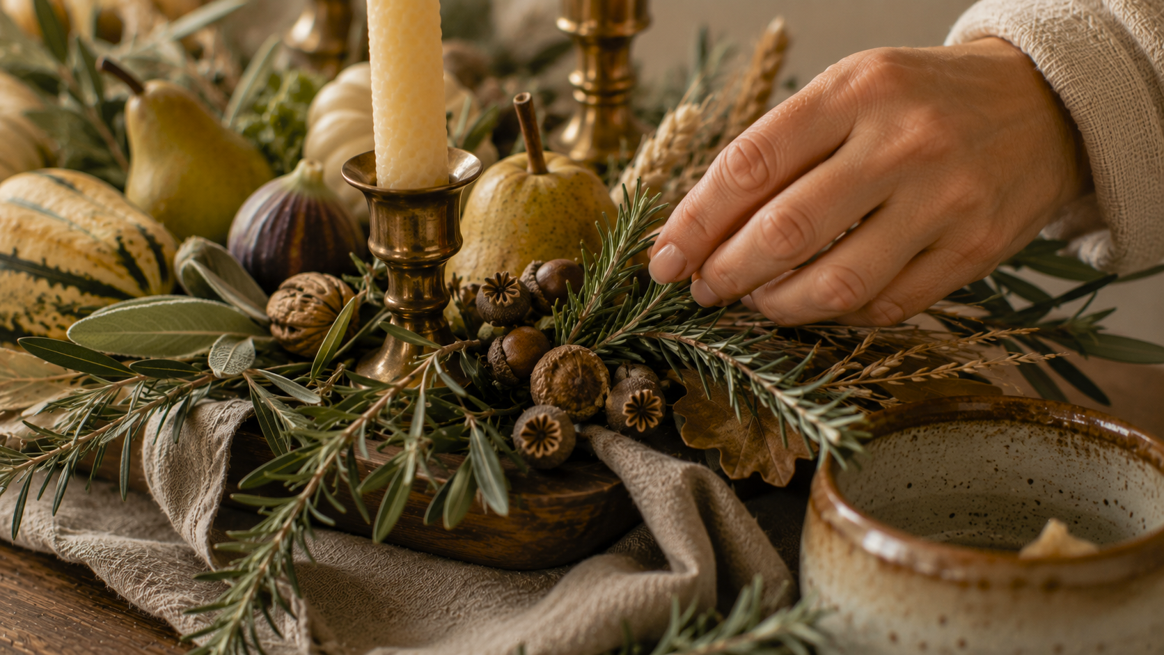 Step 5 of a harvest centerpiece tutorial highlights rosemary, linen, seed pods, pottery, and natural textures, showing how thoughtful finishing details create warmth and timeless autumn style.