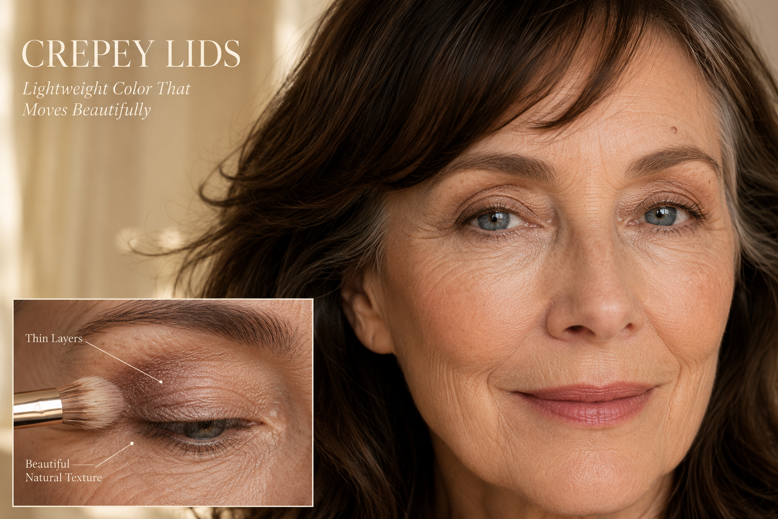 Luxury beauty tutorial for crepey eyelids featuring a mature brunette woman with authentic eyelid texture and lightweight taupe eyeshadow, plus a close-up inset showing thin-layer application.