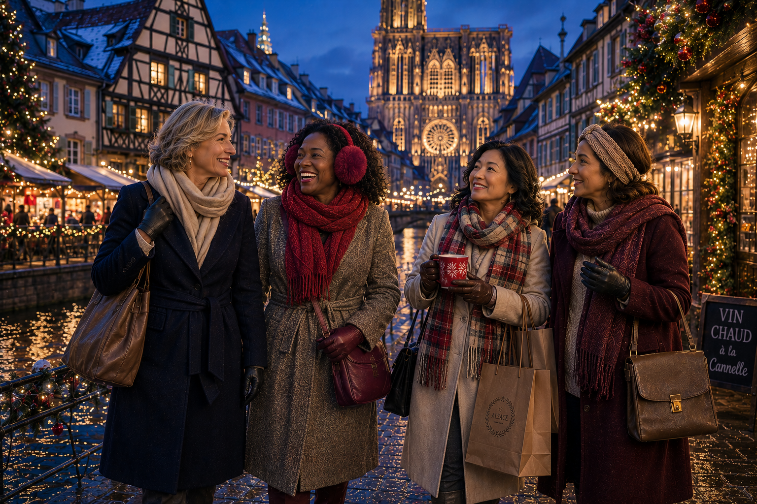 Group of women friends walking through Strasbourg Christmas markets at blue hour with cathedral lights, festive scarves, red earmuffs, and glowing canal reflections.