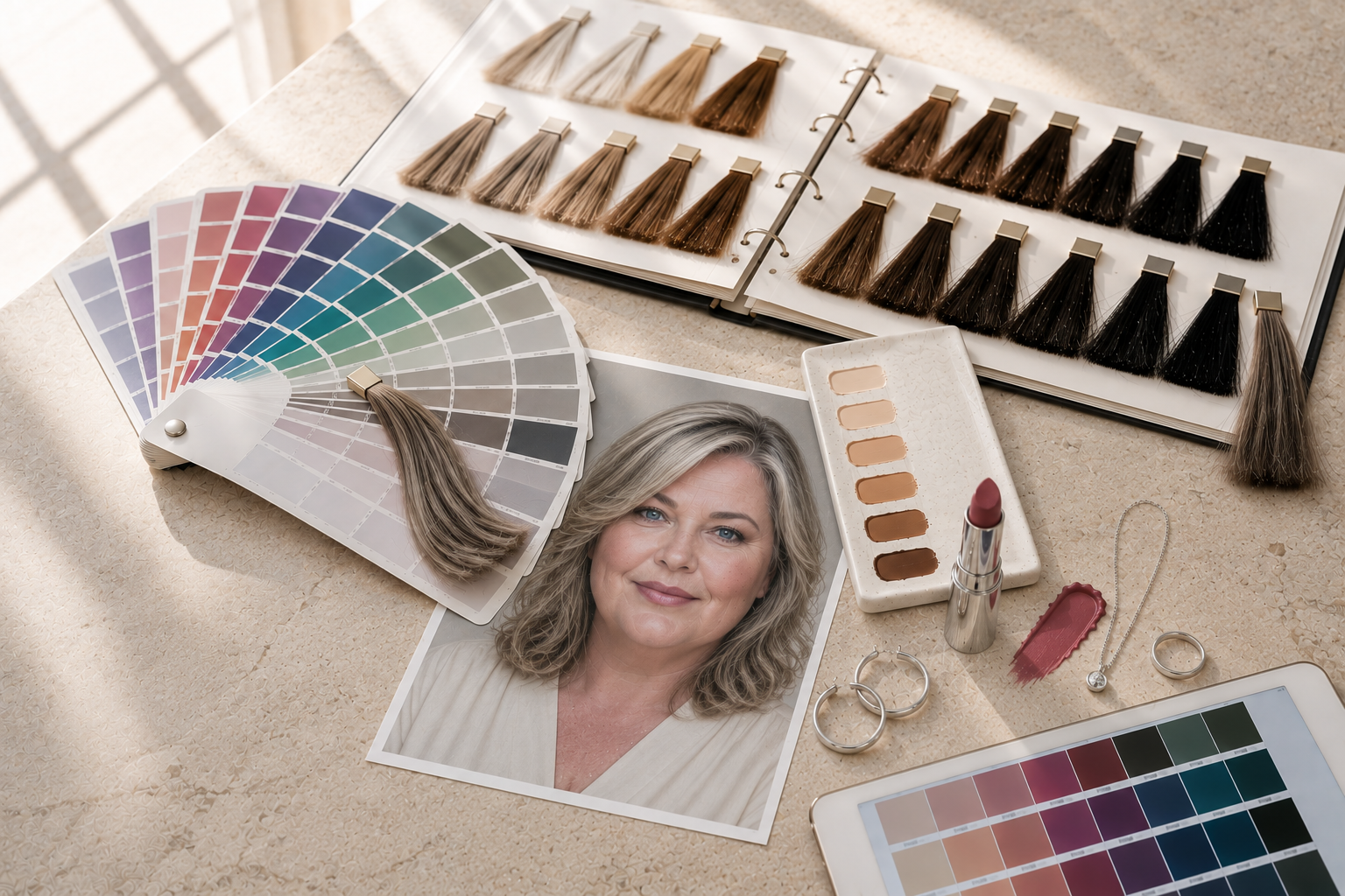Luxury editorial flat lay illustrating how Seasonal Color Analysis, hair swatches, makeup, and personal coloring work together to choose harmonious hair color with confidence.