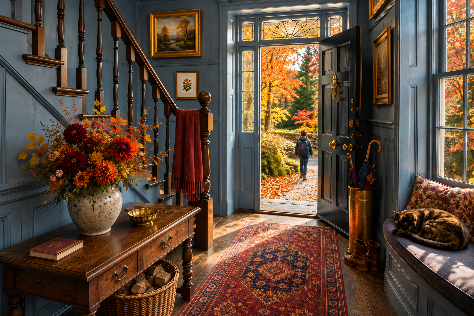 Historic blue entryway filled with rich autumn color, dahlias, warm wood, a vintage rug and brilliant October foliage for sophisticated fall decorating inspiration.