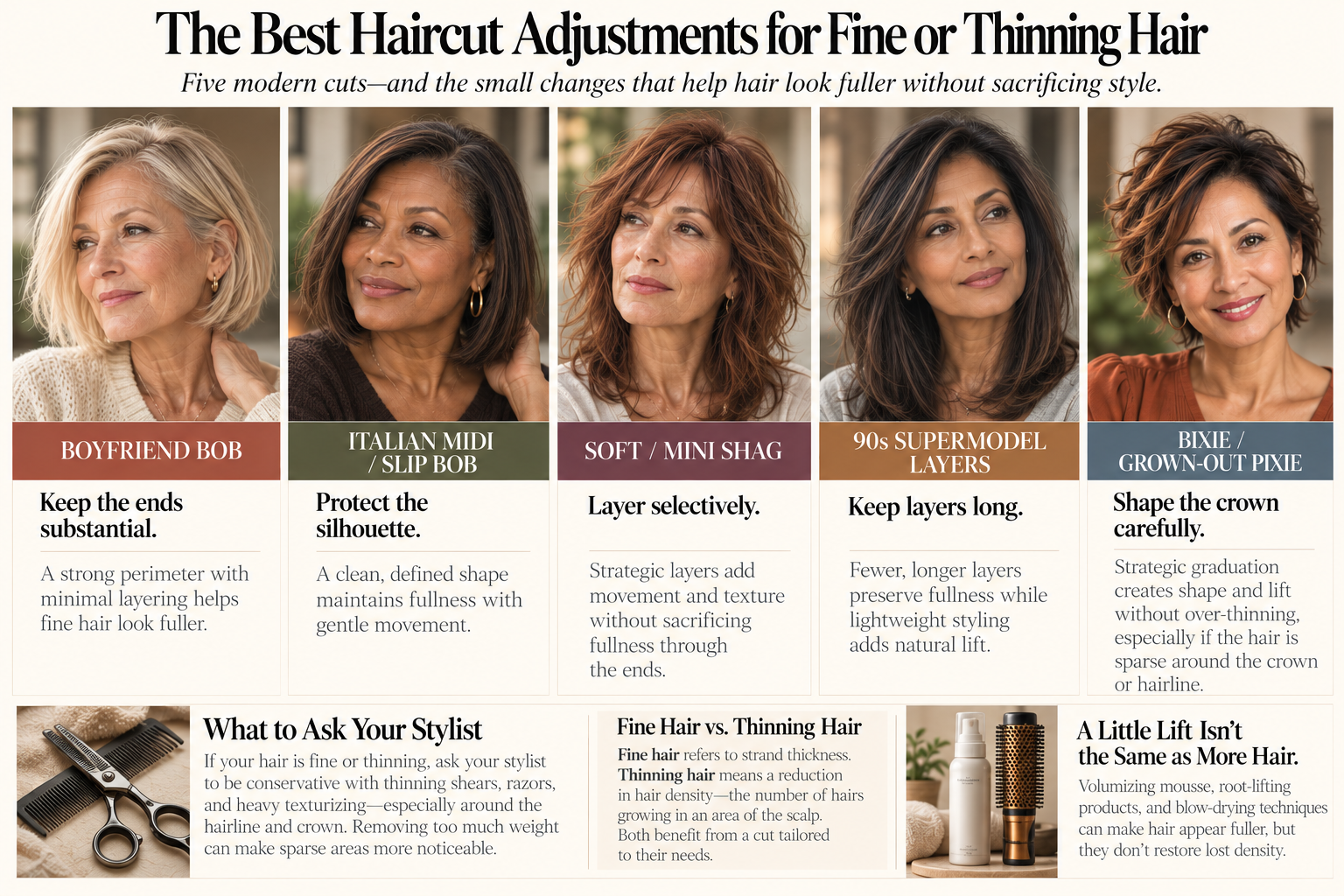 Discover the best haircut adjustments for fine or thinning hair over 45, from bobs and shags to layered cuts and bixies, with expert styling tips to create the appearance of fuller hair.