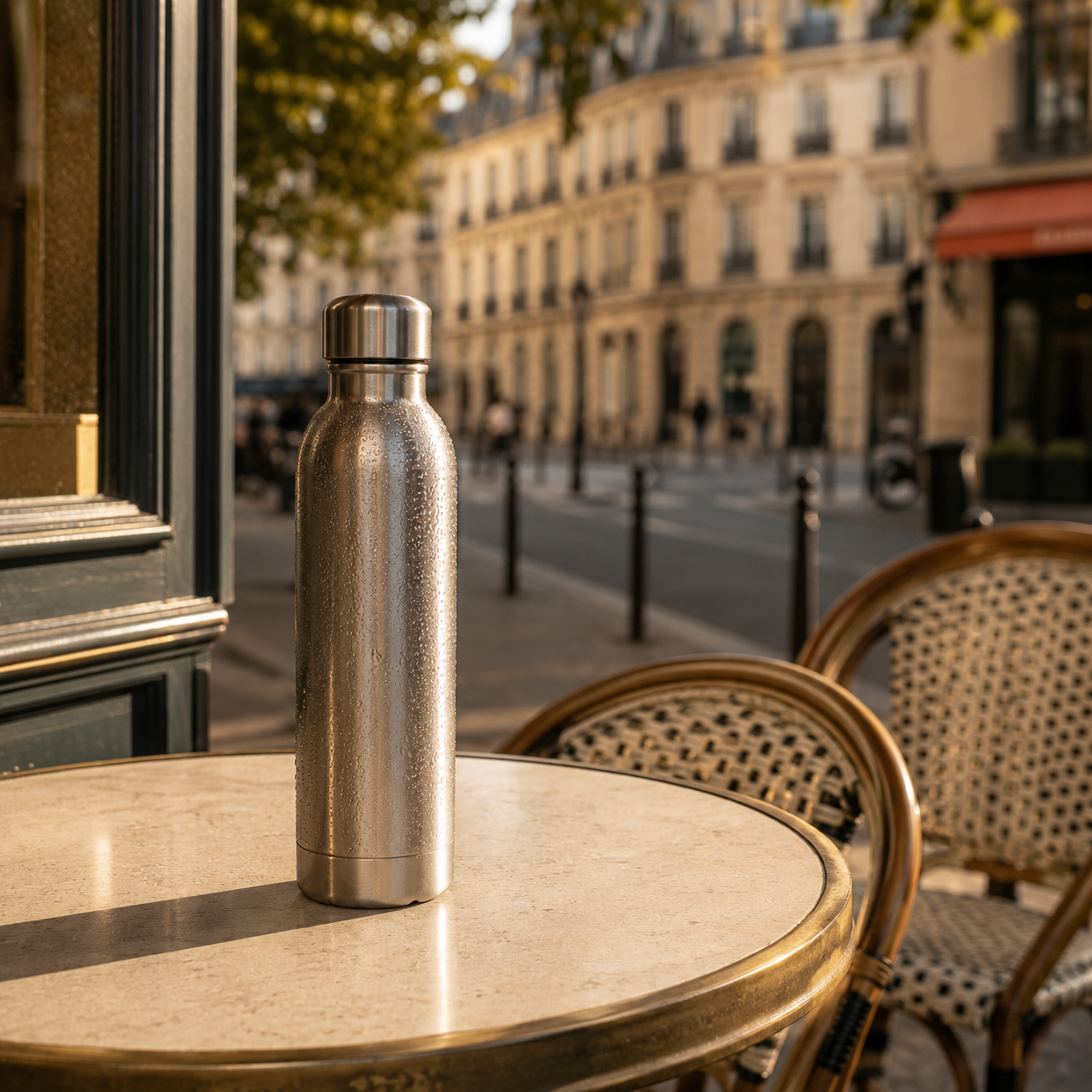 Stainless steel water bottle resting on a Parisian café table, illustrating travel hydration, wellness, and thoughtful habits while exploring Europe.